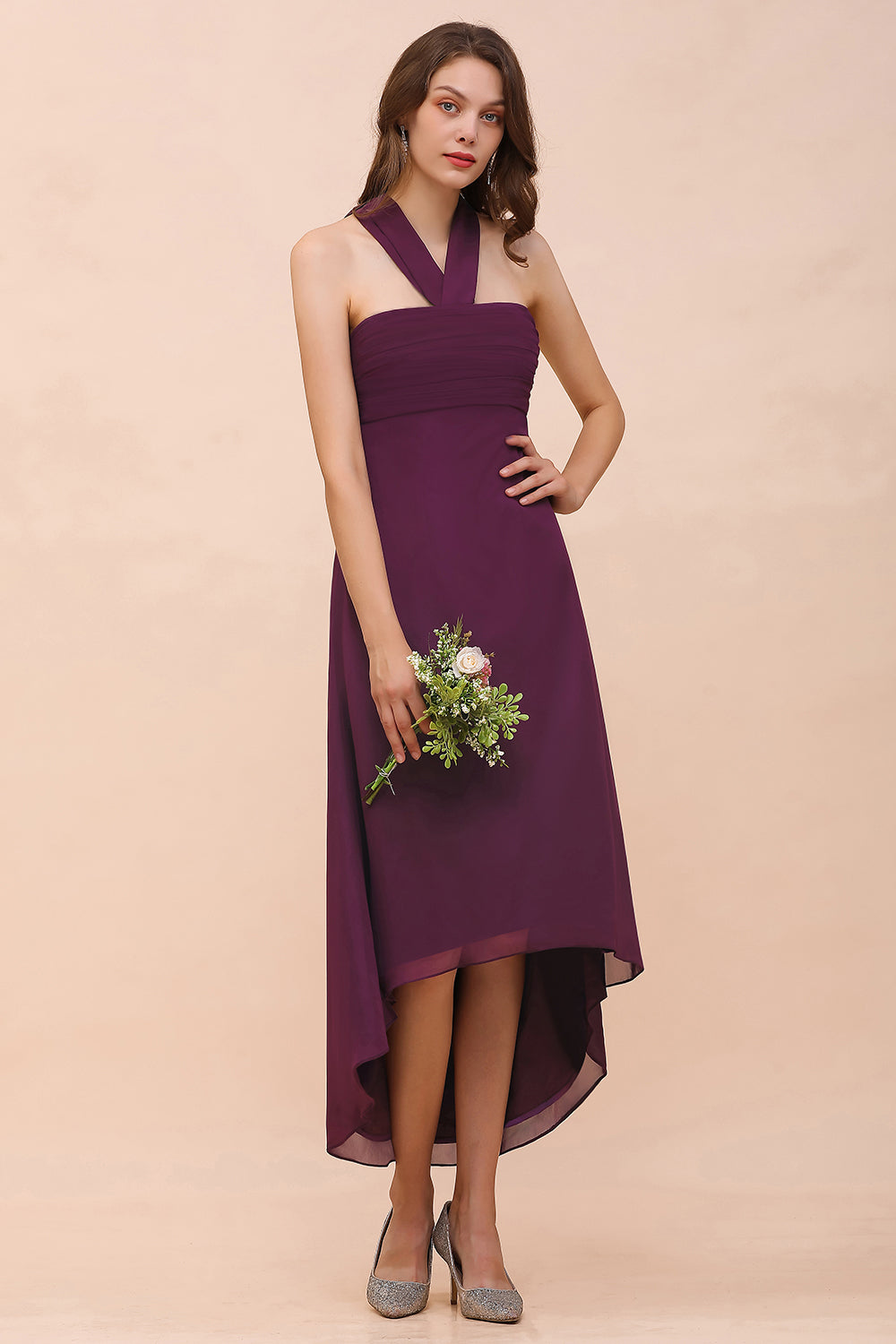 Stylish High Low A-line Halter Chiffon Grape Bridesmaid Dress