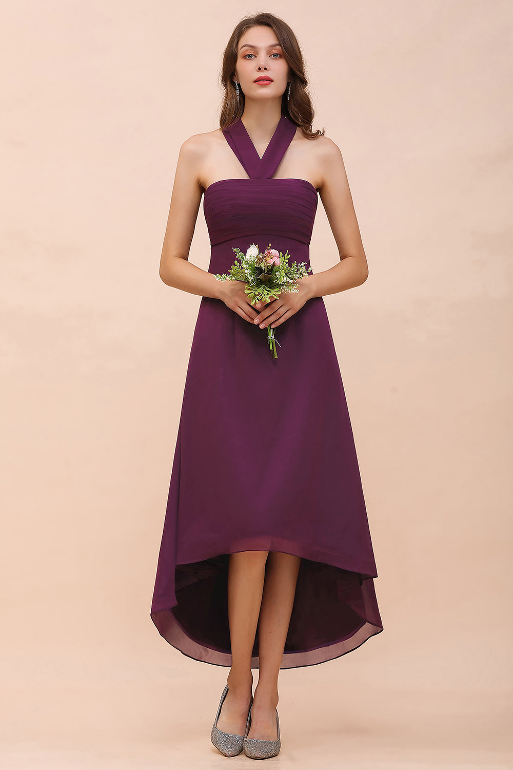 Stylish High Low A-line Halter Chiffon Grape Bridesmaid Dress