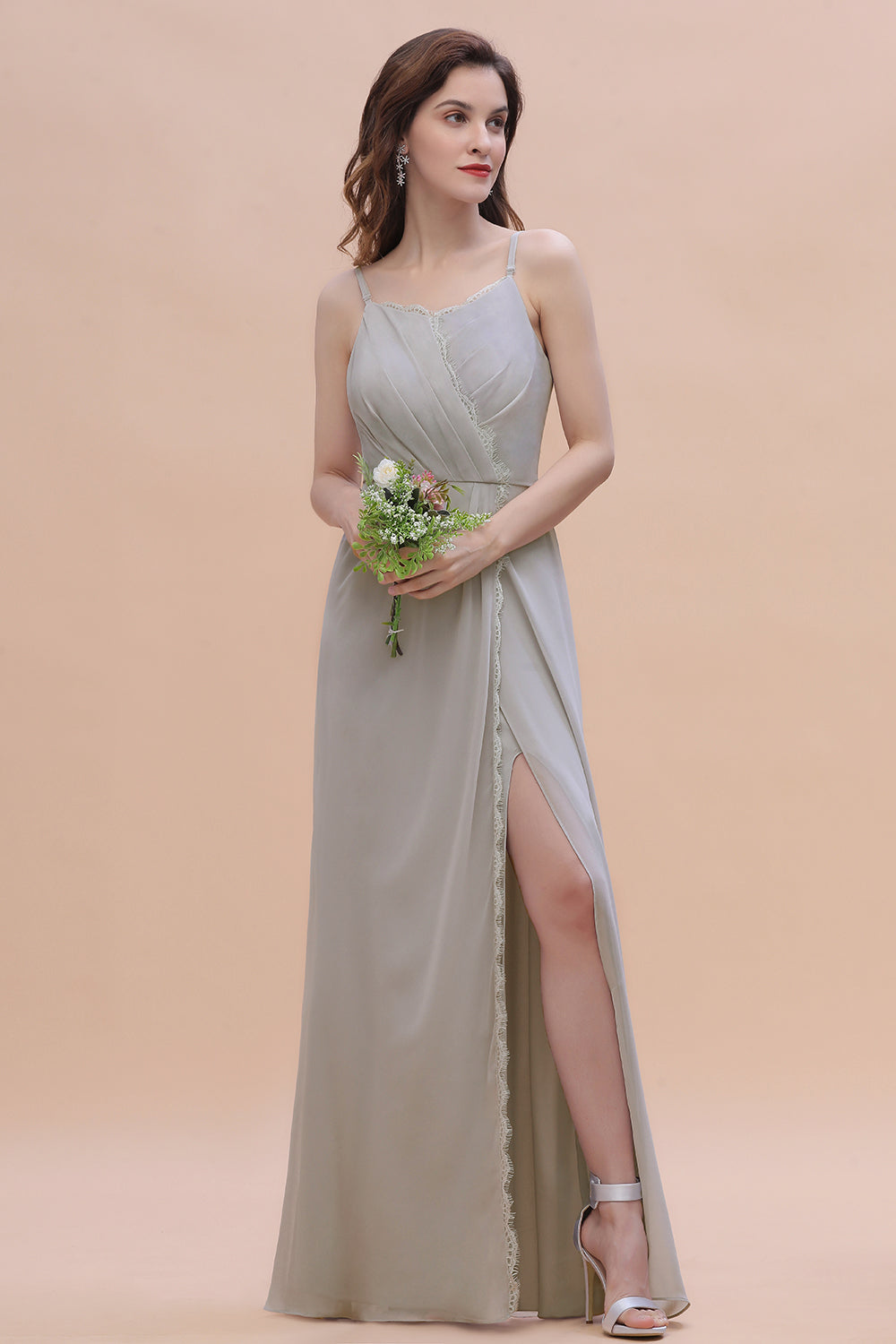 Stylish Spaghetti Straps A-Line Floor Length Bridesmaid Dress With Side Slit