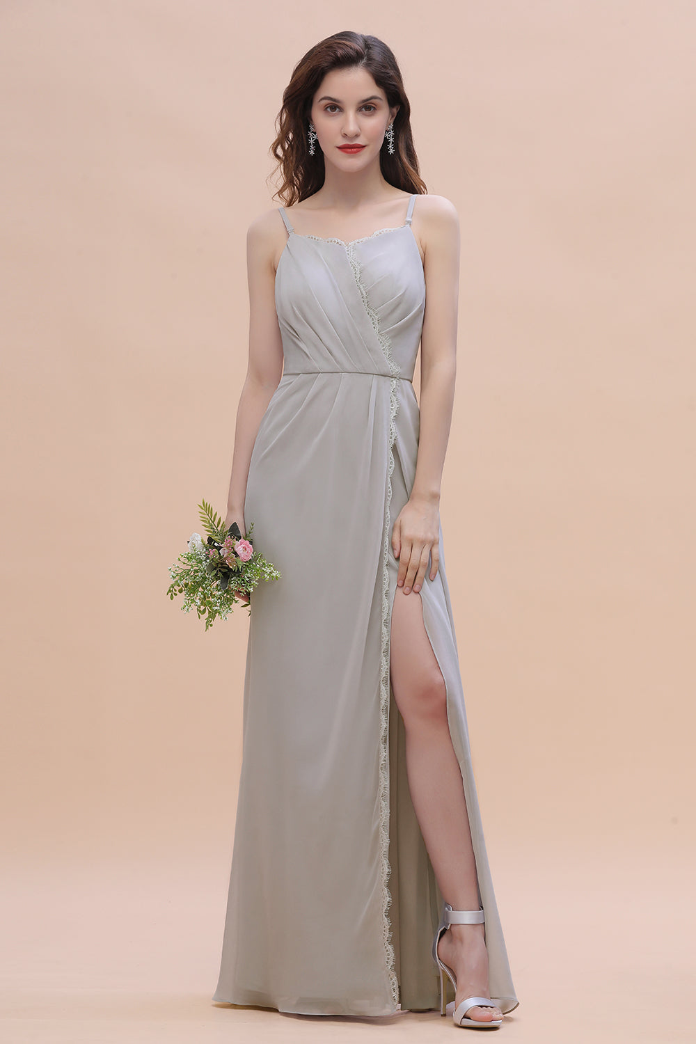 Stylish Spaghetti Straps A-Line Floor Length Bridesmaid Dress With Side Slit