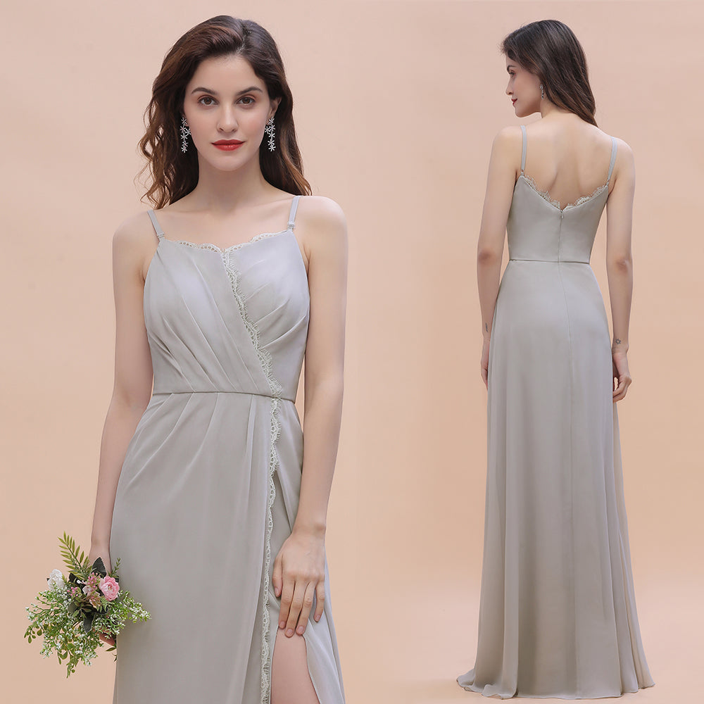 Stylish Spaghetti Straps A-Line Floor Length Bridesmaid Dress With Side Slit