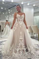 Long A-line Sweetheart Spaghetti Straps Appliques Lace Tulle Wedding Dresses