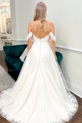Tulle Sweetheart A-line Off the Shoulder Floor Length Wedding Dress with Appliques Lace
