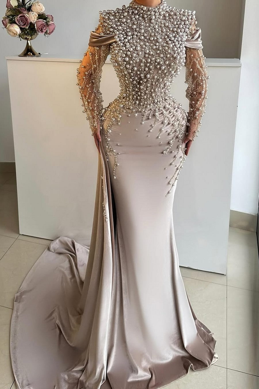 Unique Long Mermaid High Neck Satin Beaded Formal Evening Dress with Sleeves