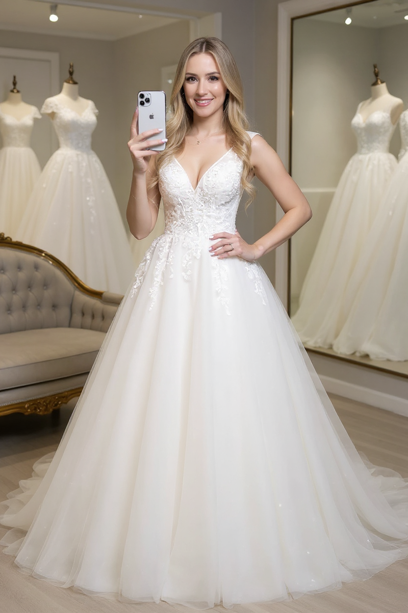 V Neck Long Lace White Lace Sweep Train A-line Wedding Dress