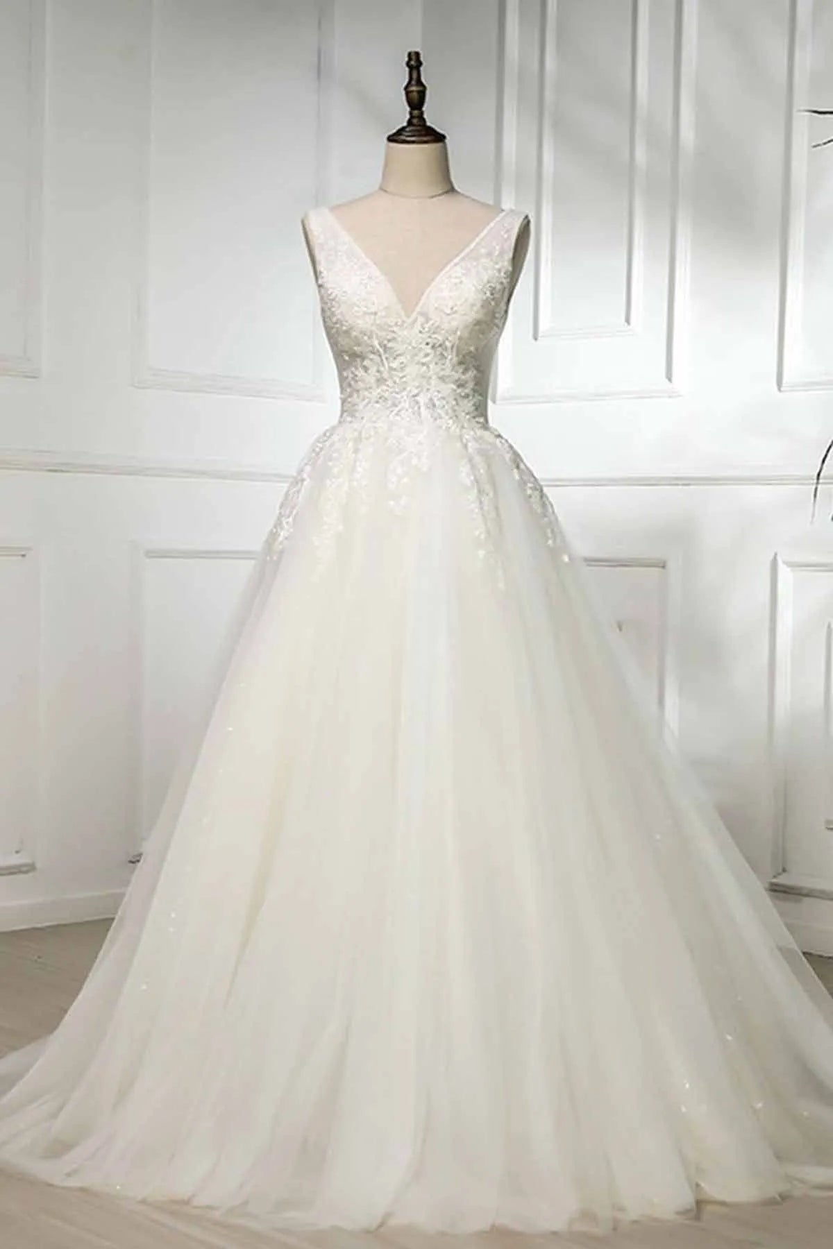 V Neck Long Lace White Lace Sweep Train A-line Wedding Dress