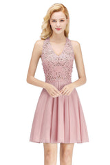 V-Neck Short Lace A-Line Sleeveless Bridesmaid Dress