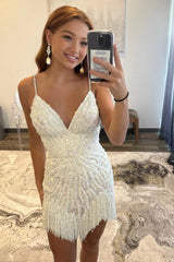 Mermaid V-neck Backless Beaded Short Homecoming Dress with Tassel
