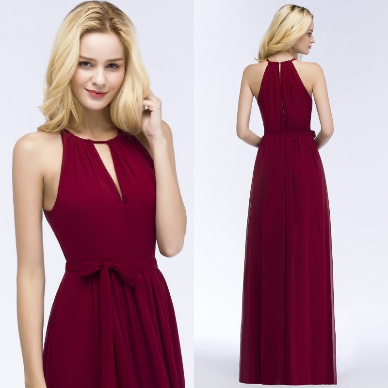 Vintage A-Line Chiffon Halter Sleeveless Ruffles Bridesmaid Dresses with Bow Sash