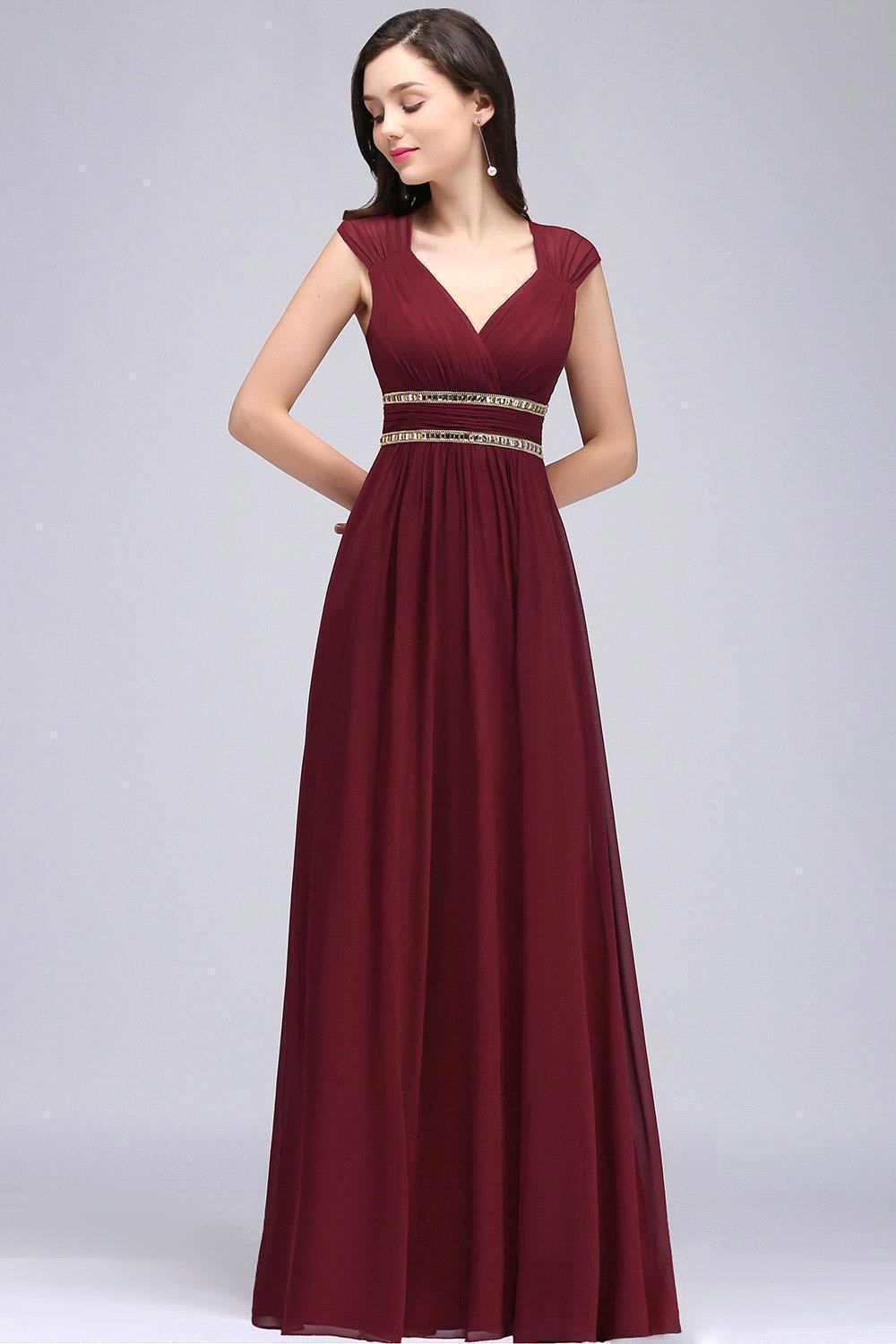 Vintage A-Line Chiffon V-Neck Cap Sleeve Bridesmaid Dresses with Beadings