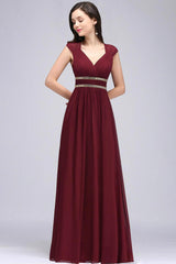 Vintage A-Line Chiffon V-Neck Cap Sleeve Bridesmaid Dresses with Beadings