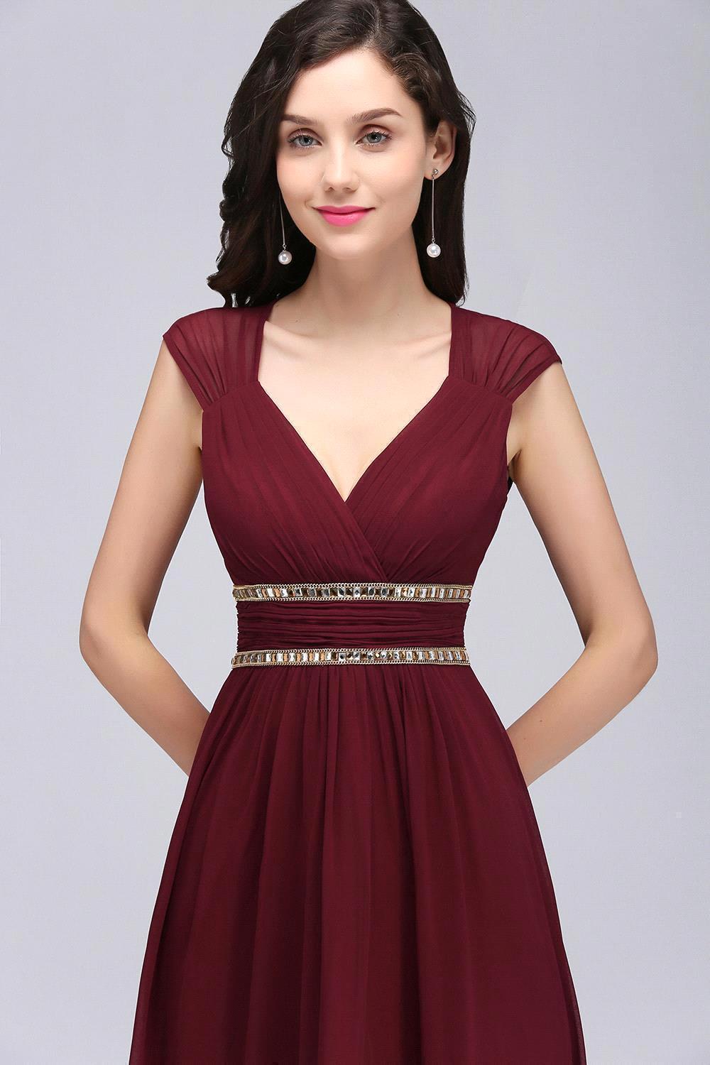Vintage A-Line Chiffon V-Neck Cap Sleeve Bridesmaid Dresses with Beadings
