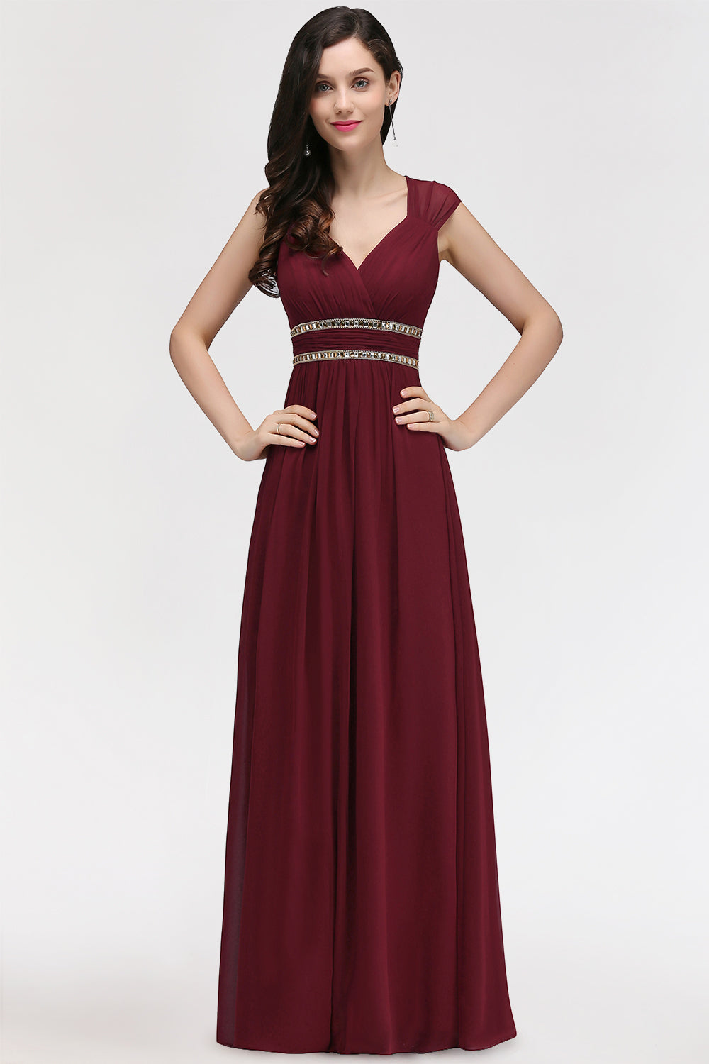 Vintage A-Line Chiffon V-Neck Cap Sleeve Bridesmaid Dresses with Beadings