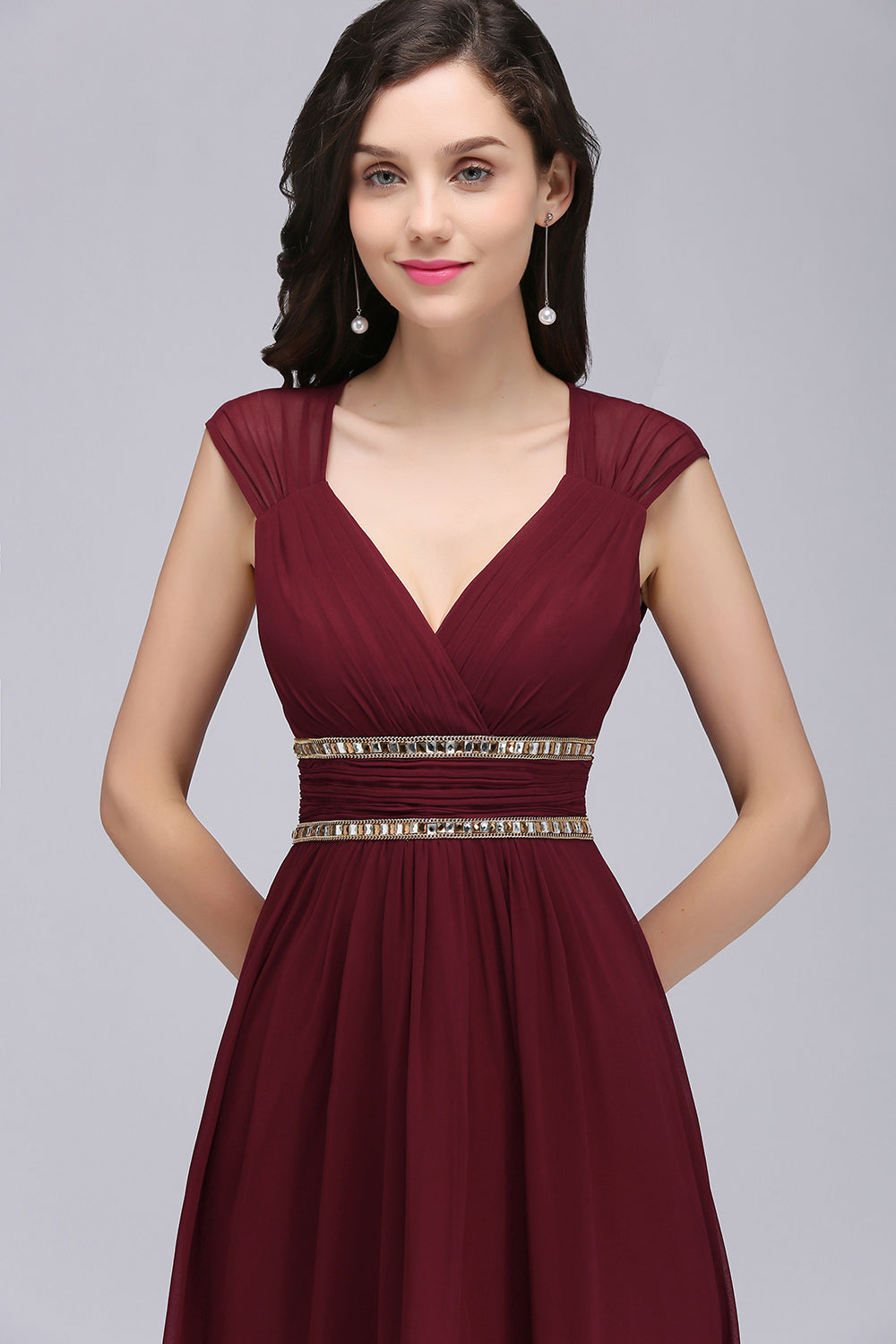 Vintage A-Line Chiffon V-Neck Cap Sleeve Bridesmaid Dresses with Beadings