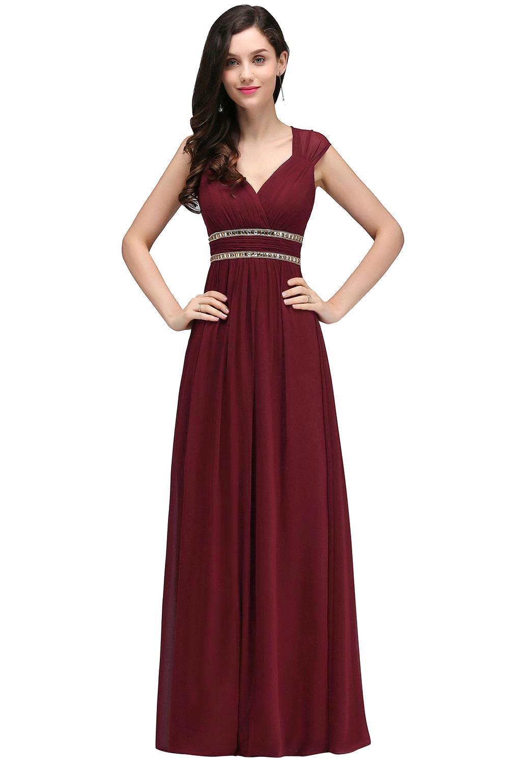 Vintage A-Line Chiffon V-Neck Cap Sleeve Bridesmaid Dresses with Beadings