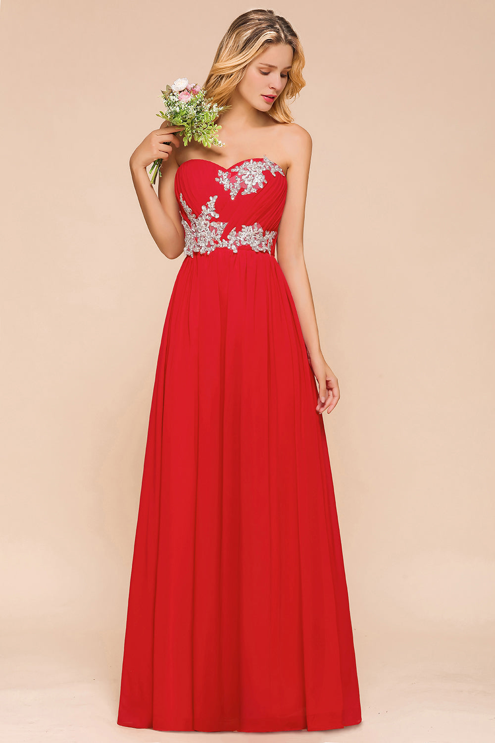 Vintage A-line Strapless Floor Length Chiffon Bridesmaid Dress With Appliques