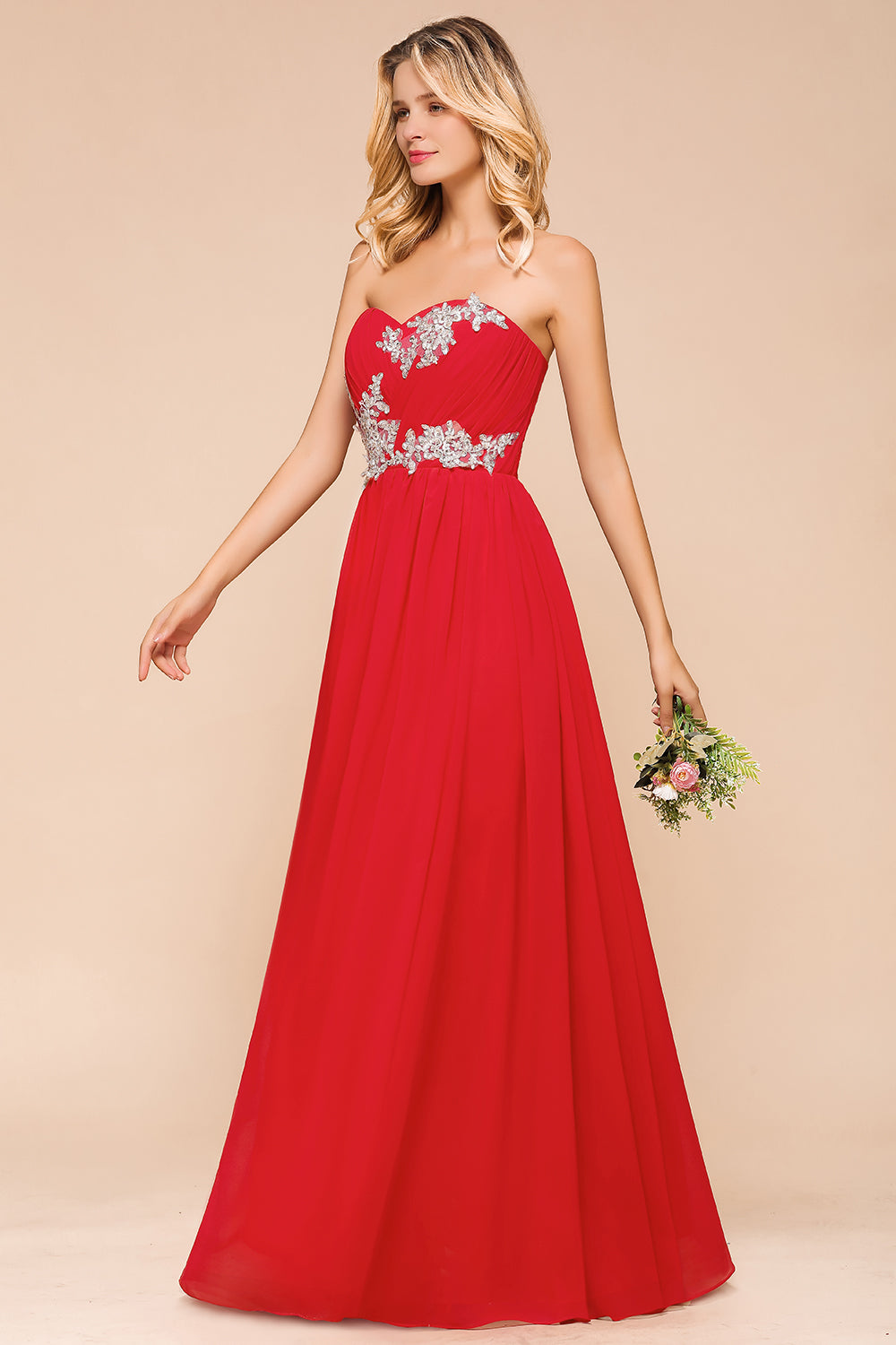Vintage A-line Strapless Floor Length Chiffon Bridesmaid Dress With Appliques
