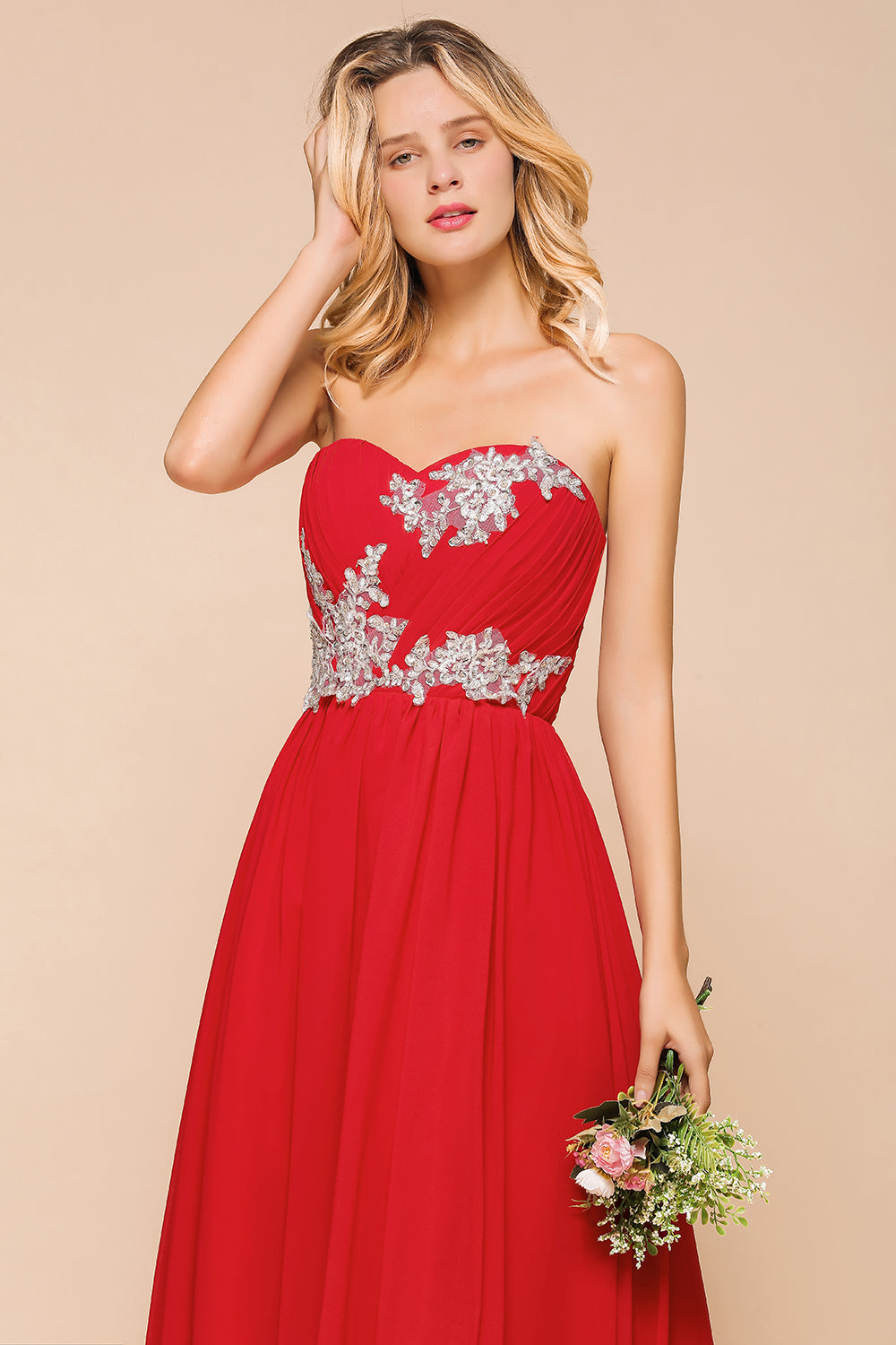 Vintage A-line Strapless Floor Length Chiffon Bridesmaid Dress With Appliques