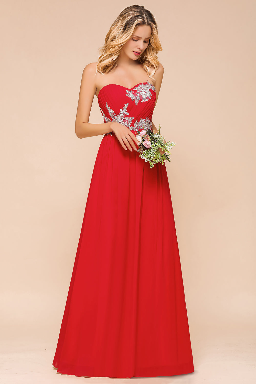 Vintage A-line Strapless Floor Length Chiffon Bridesmaid Dress With Appliques