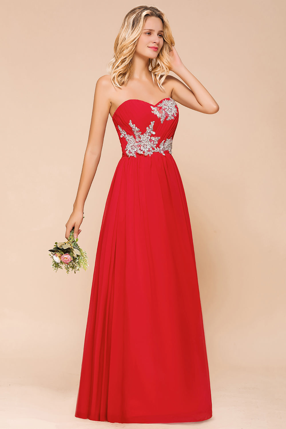 Vintage A-line Strapless Floor Length Chiffon Bridesmaid Dress With Appliques