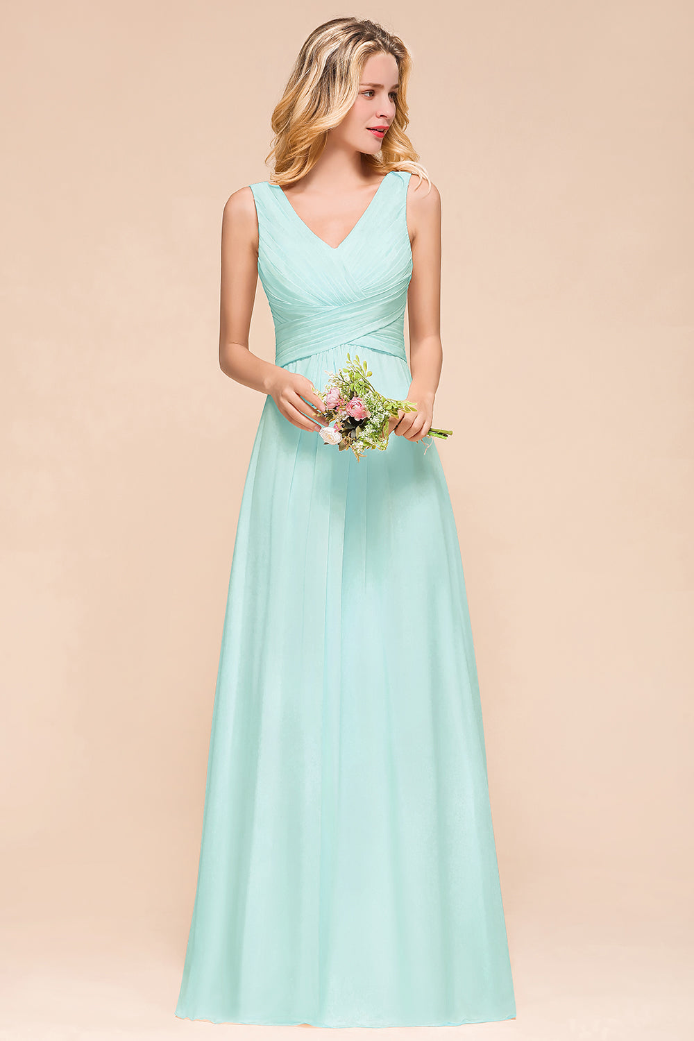 Vintage V-neck Wide Straps A-line Backless Ruched Chiffon Bridesmaid Dresses