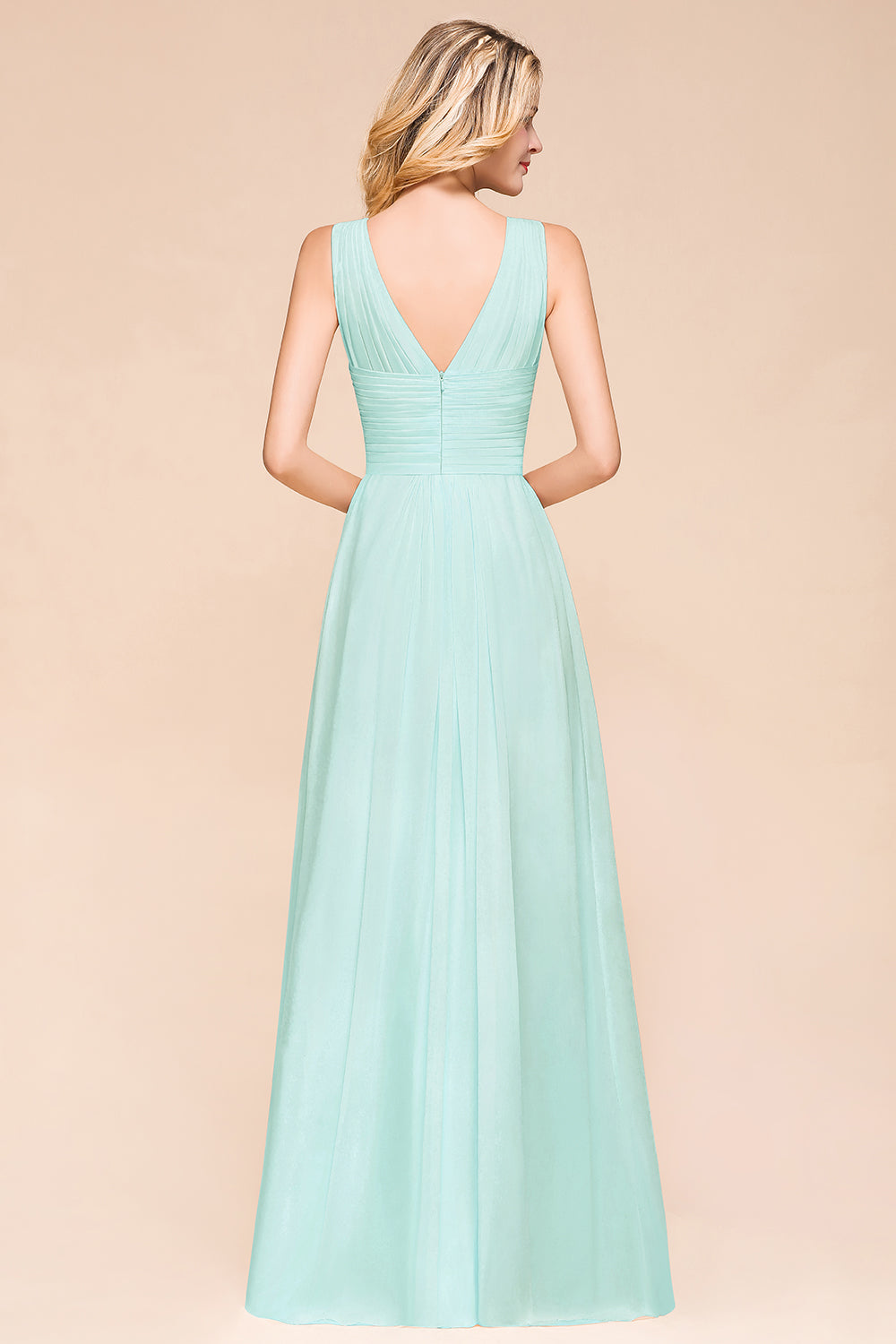 Vintage V-neck Wide Straps A-line Backless Ruched Chiffon Bridesmaid Dresses