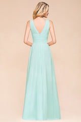 Vintage V-neck Wide Straps A-line Backless Ruched Chiffon Bridesmaid Dresses
