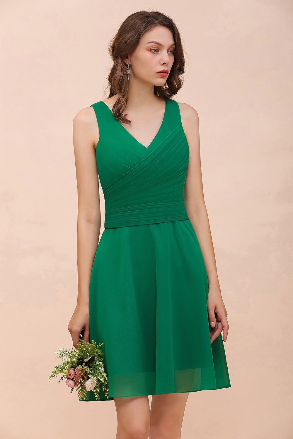 Vintage V-neck Wide Straps A-line Chiffon Short Bridesmaid Dress With Ruched