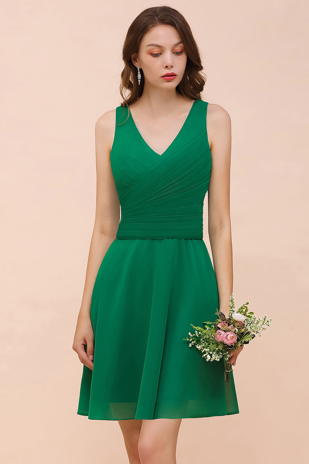 Vintage V-neck Wide Straps A-line Chiffon Short Bridesmaid Dress With Ruched