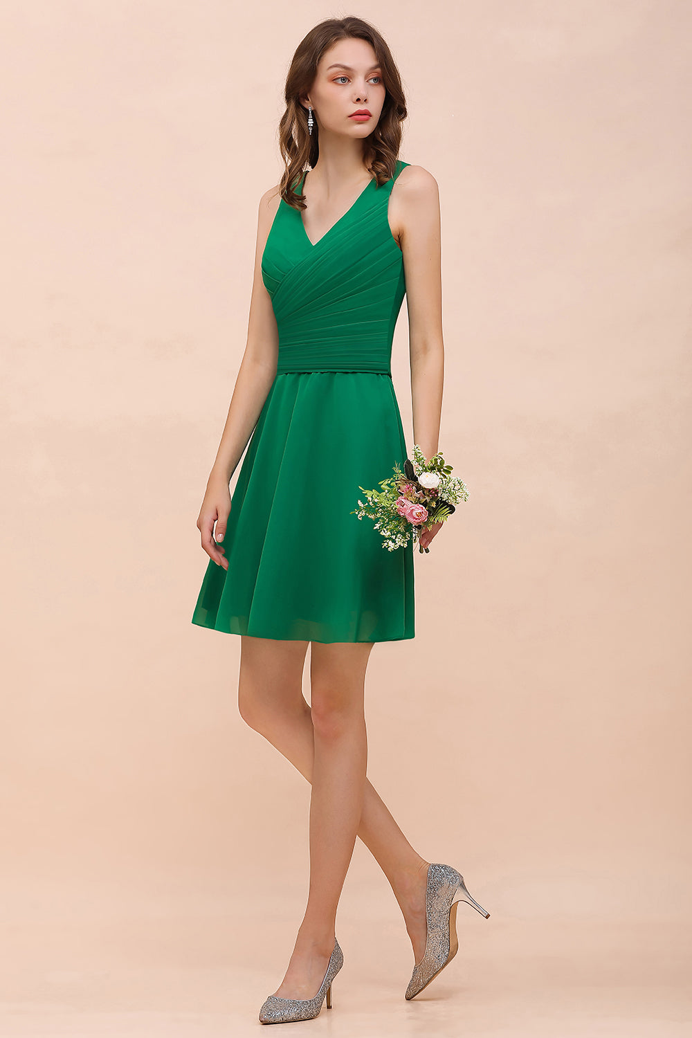Vintage V-neck Wide Straps A-line Chiffon Short Bridesmaid Dress With Ruched