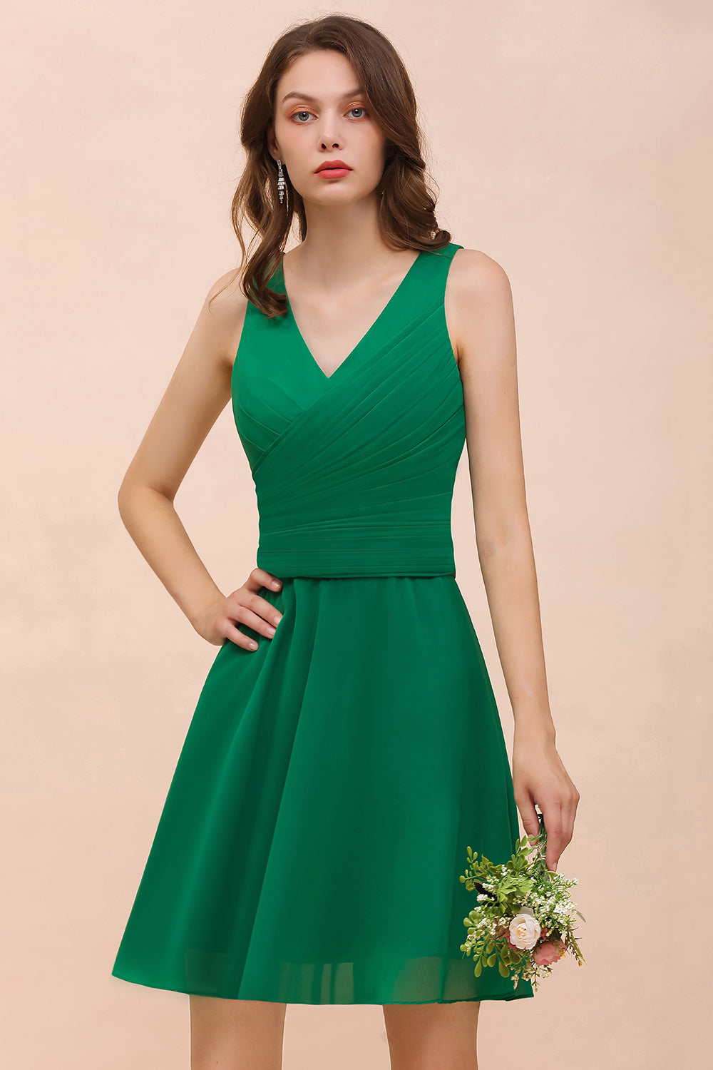 Vintage V-neck Wide Straps A-line Chiffon Short Bridesmaid Dress With Ruched