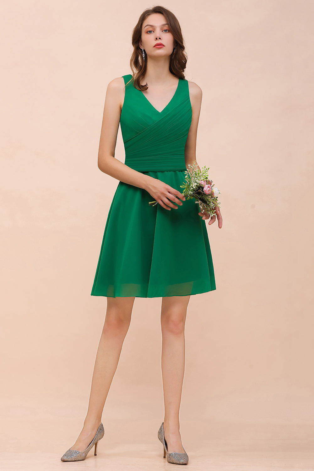 Vintage V-neck Wide Straps A-line Chiffon Short Bridesmaid Dress With Ruched