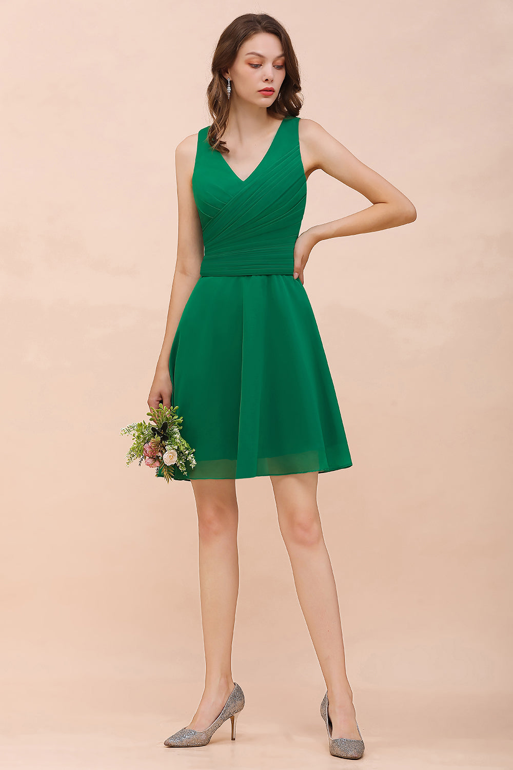 Vintage V-neck Wide Straps A-line Chiffon Short Bridesmaid Dress With Ruched
