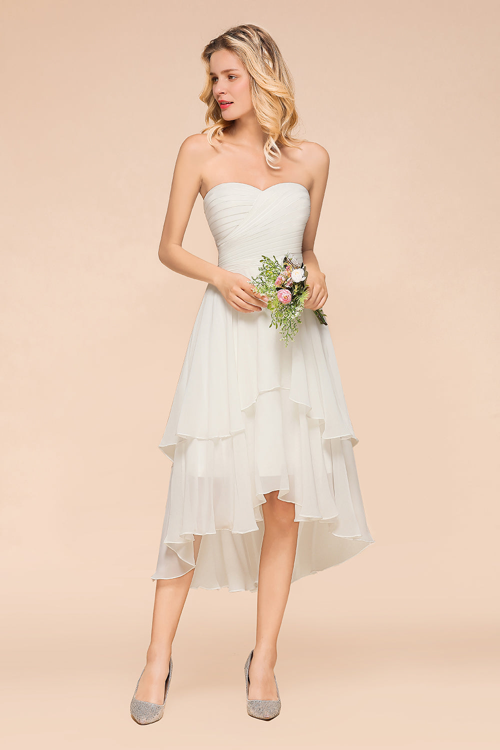 Vintage White Strapless A-line High Low Chiffon Backless Bridesmaid Dresses