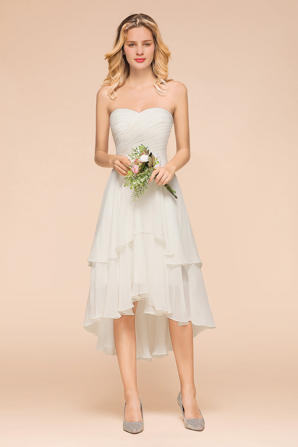 Vintage White Strapless A-line High Low Chiffon Backless Bridesmaid Dresses
