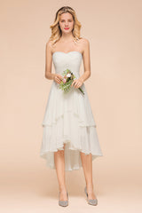 Vintage White Strapless A-line High Low Chiffon Backless Bridesmaid Dresses