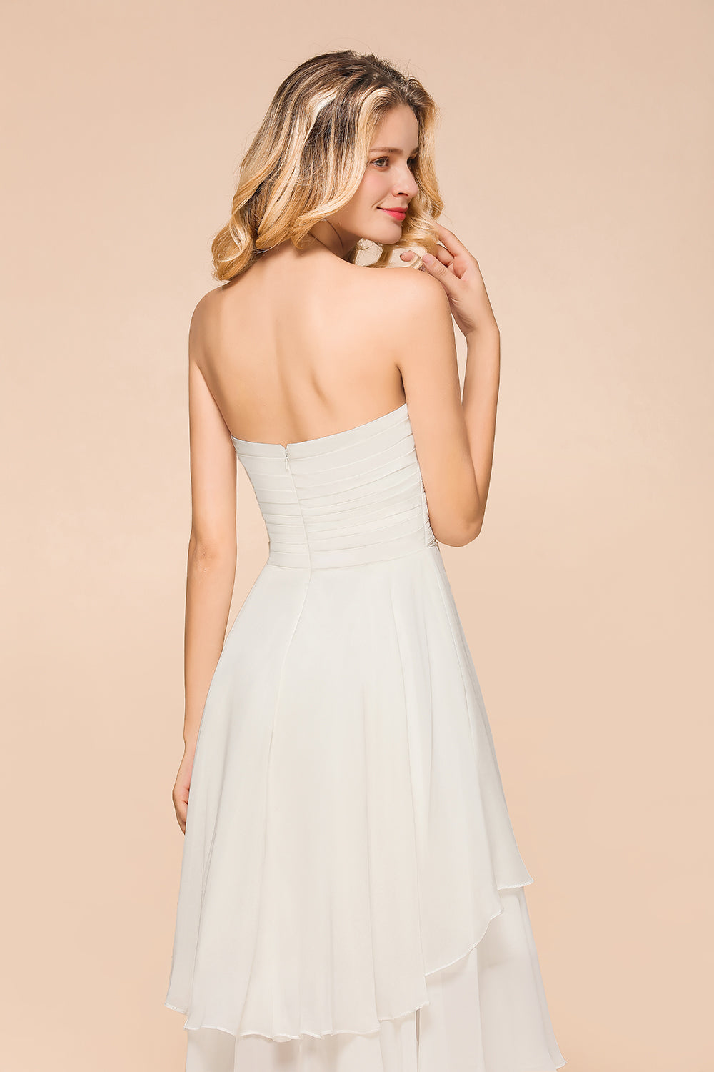 Vintage White Strapless A-line High Low Chiffon Backless Bridesmaid Dresses