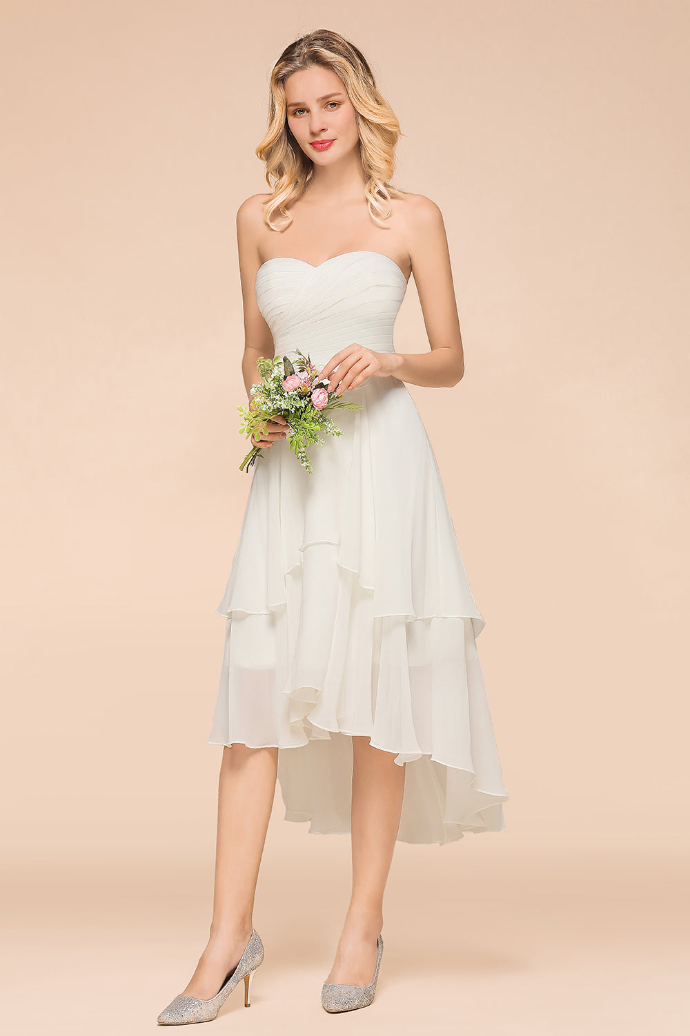 Vintage White Strapless A-line High Low Chiffon Backless Bridesmaid Dresses