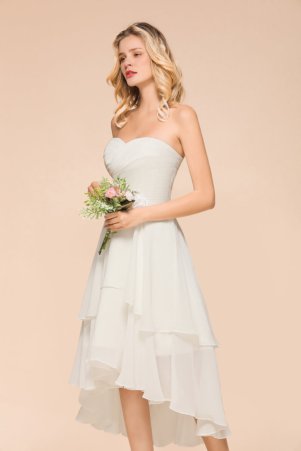 Vintage White Strapless A-line High Low Chiffon Backless Bridesmaid Dresses