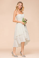 Vintage White Strapless A-line High Low Chiffon Backless Bridesmaid Dresses