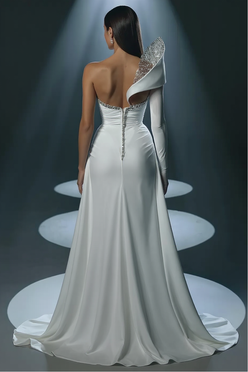 White Long Mermaid One Shoulder Satin Beads High Split Prom Dresses with Sleeves