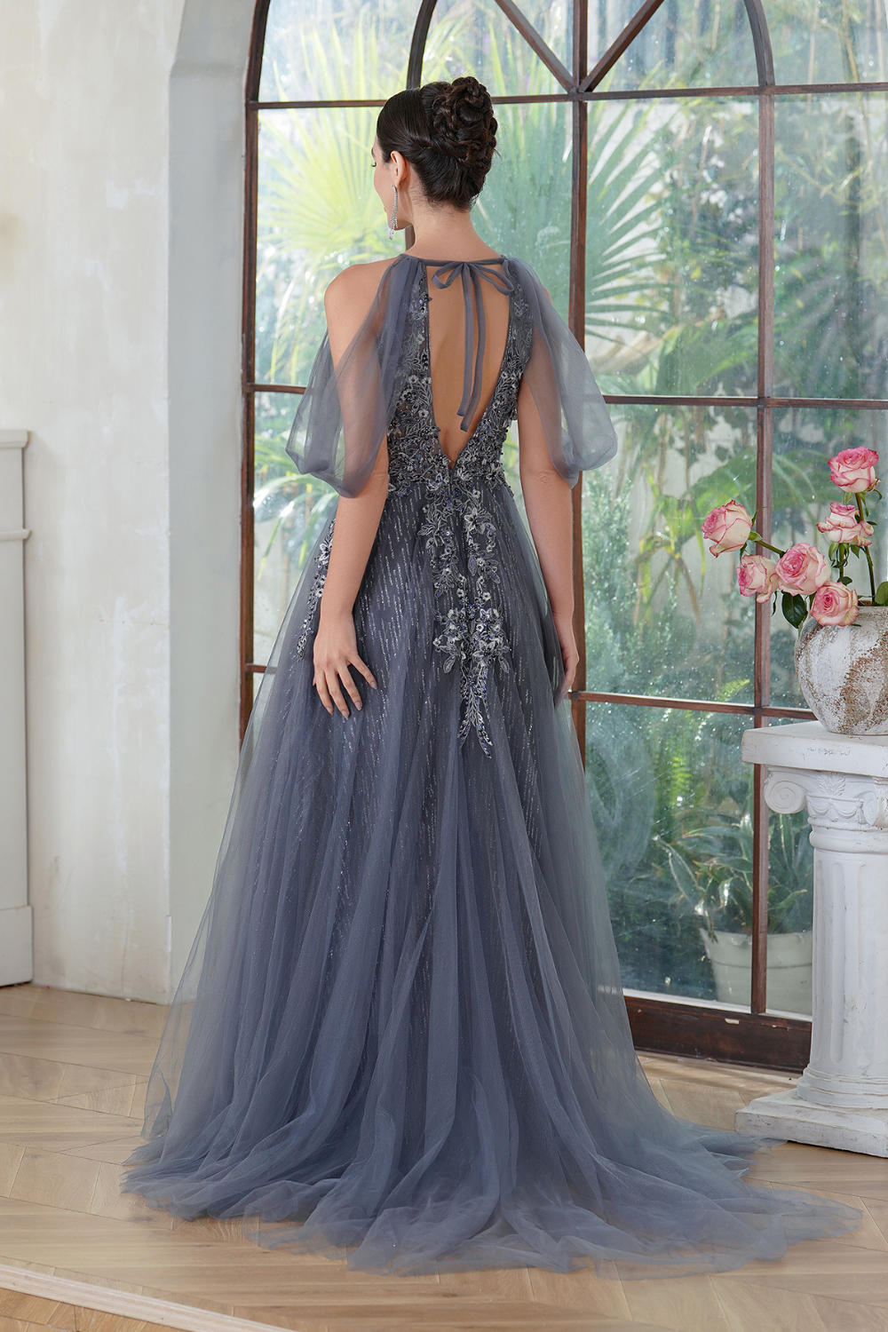 A-line Halter Tulle Long Wedding Guest Dresses with Lace Applique