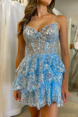 A-line Sweetheart Sequins Multi-Layers Short Homecoming Dress