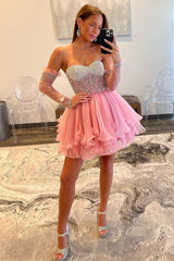 A-Line Sweetheart Beaded Ruffled Short Party Dress with Removable Sleeves