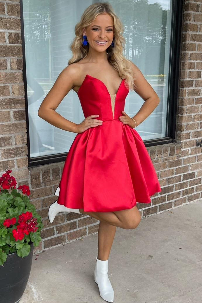 A-Line V-Neck Red Satin Short Party Homecoming Dress