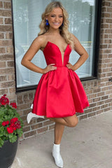 A-Line V-Neck Red Satin Short Party Homecoming Dress