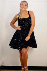A-Line Square Neck Sequin Short Party Homecoming Dress