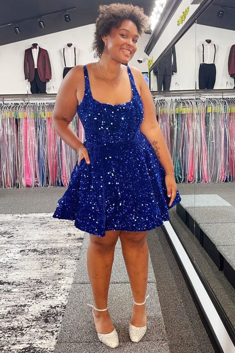 A-Line Square Neck Sequin Short Party Homecoming Dress