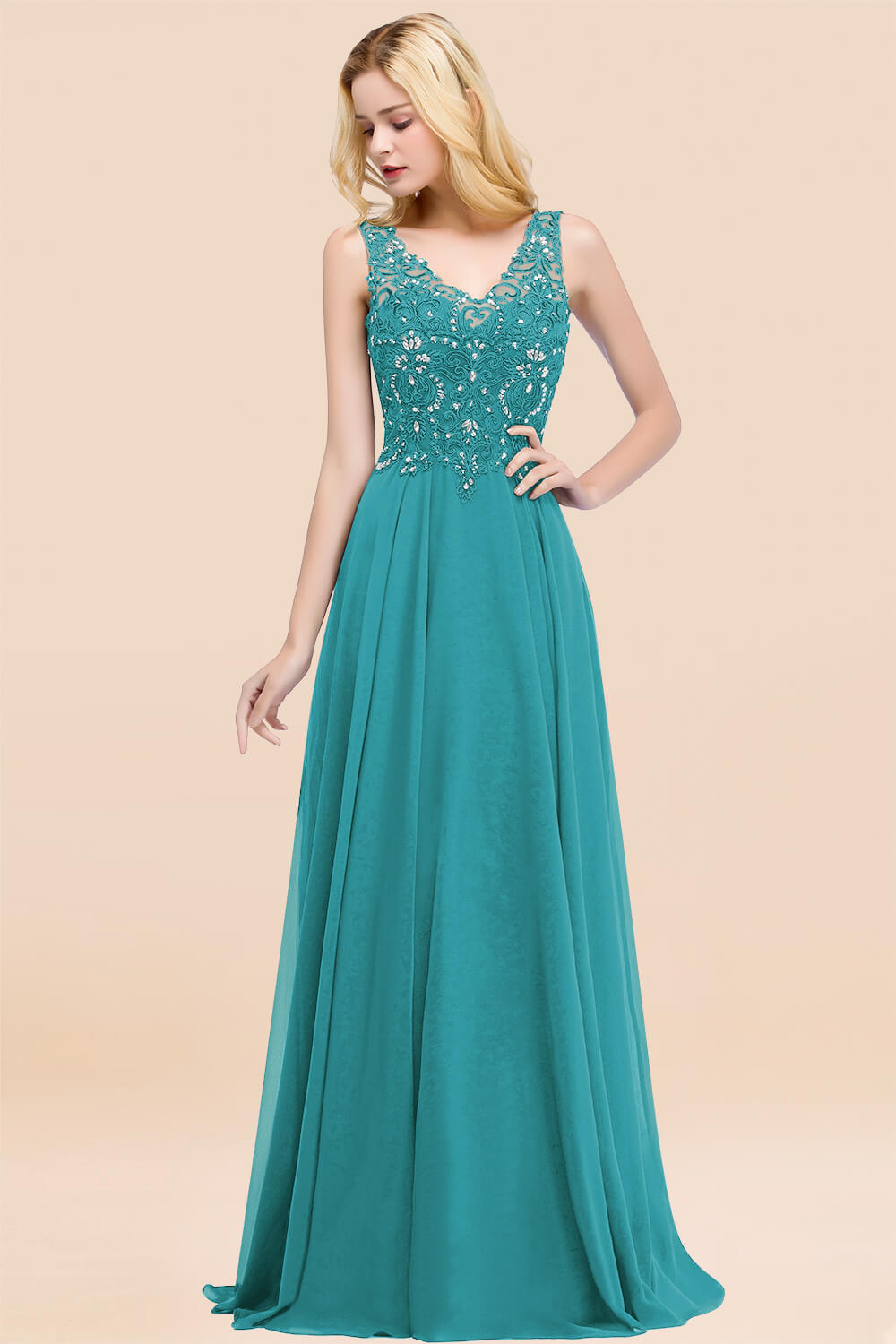 A-line Chiffon Appliques V-neck Sleeveless Floor Length Bridesmaid Dresses with Crystals