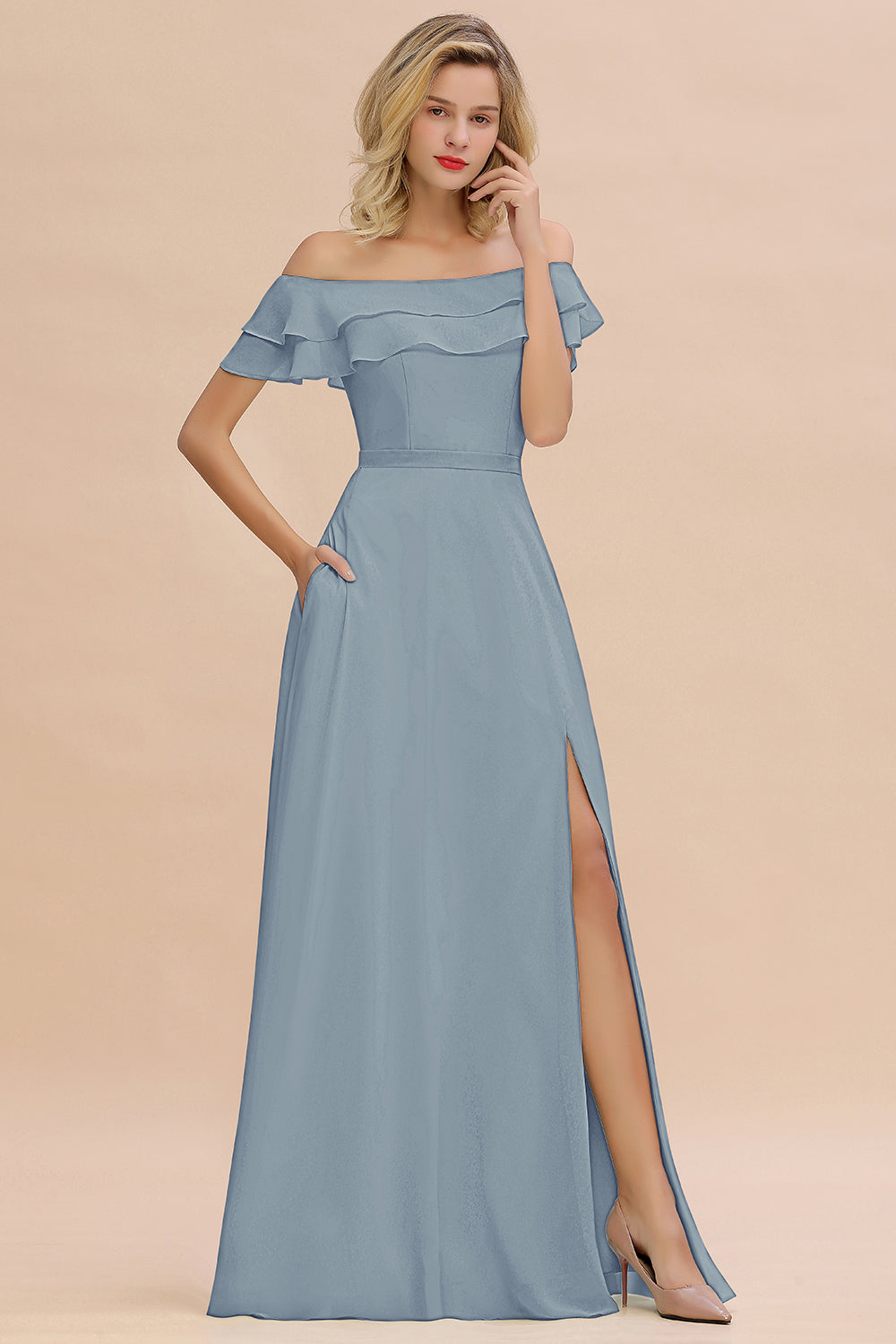 Off the Shoulder Front Slit Mint Green Long Bridesmaid Dress